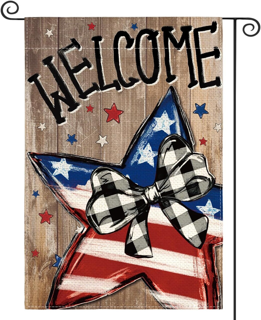 Patriotic 4th of July Garden Flag 12x18 Inch Double Sided Outside, American Stars and Stripes Welcome Wood Grain Yard Outdoor Decoration